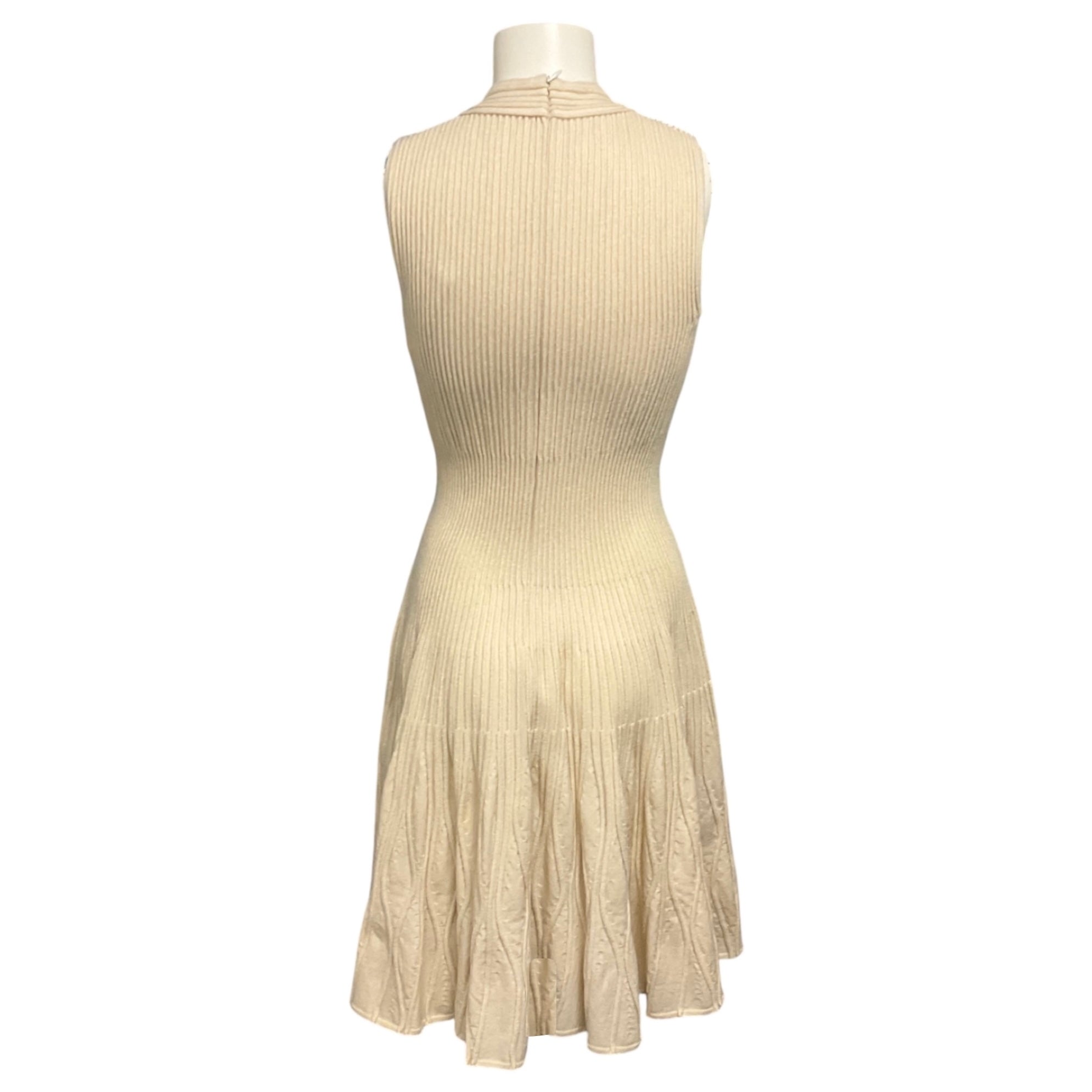 Alaia Cream Textured Sleeveless V-Neck Flared Wool Knit Dress