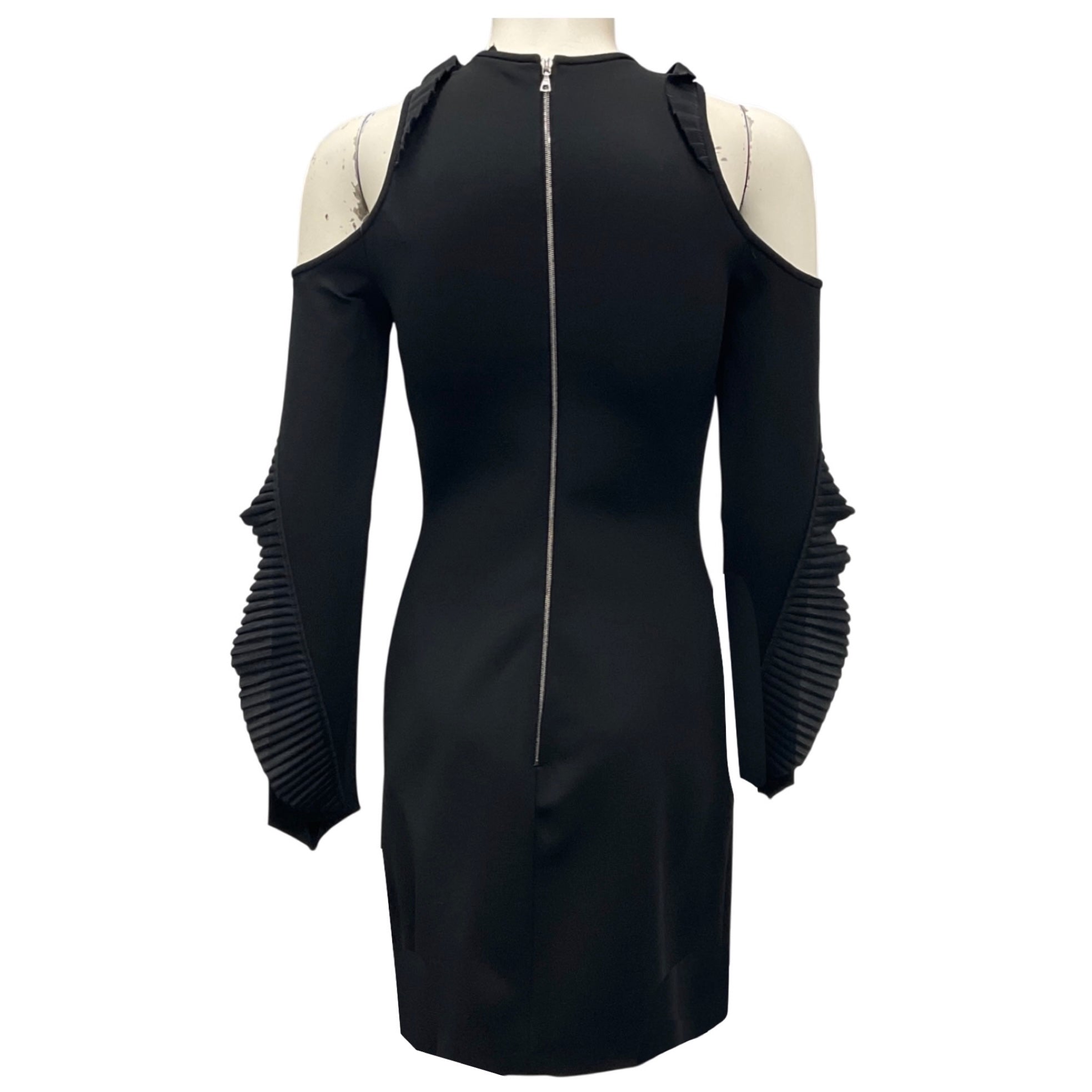 David Koma Black Ruffled Cold Shoulder Nylon Stretch Mini Cocktail Dress