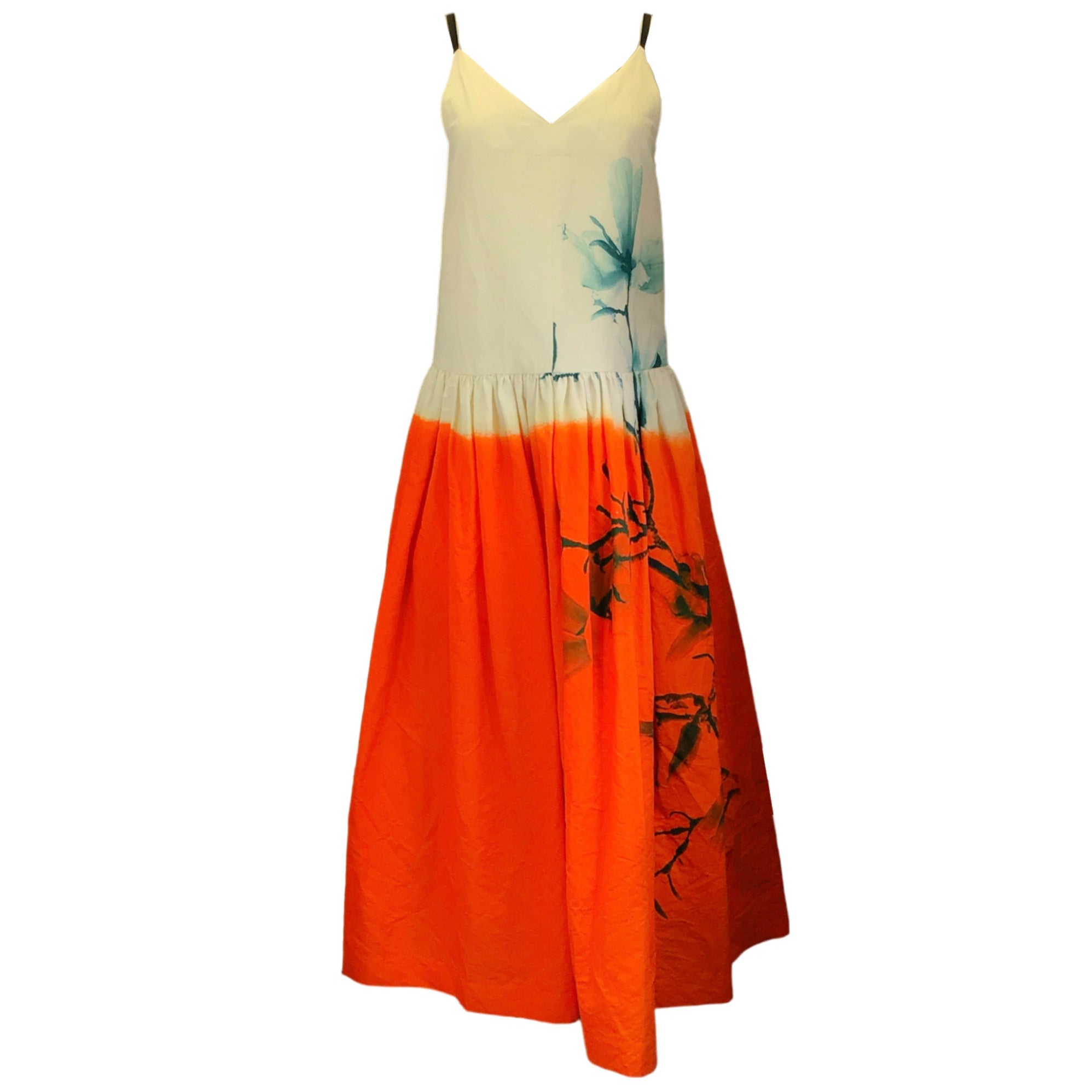 Dries Van Noten Ivory / Orange Multi Printed Sleeveless V-Neck Cotton and Linen Dress