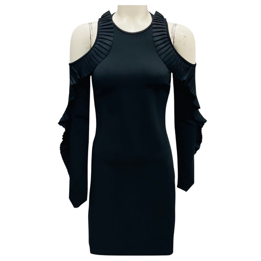 David Koma Black Ruffled Cold Shoulder Nylon Stretch Mini Cocktail Dress
