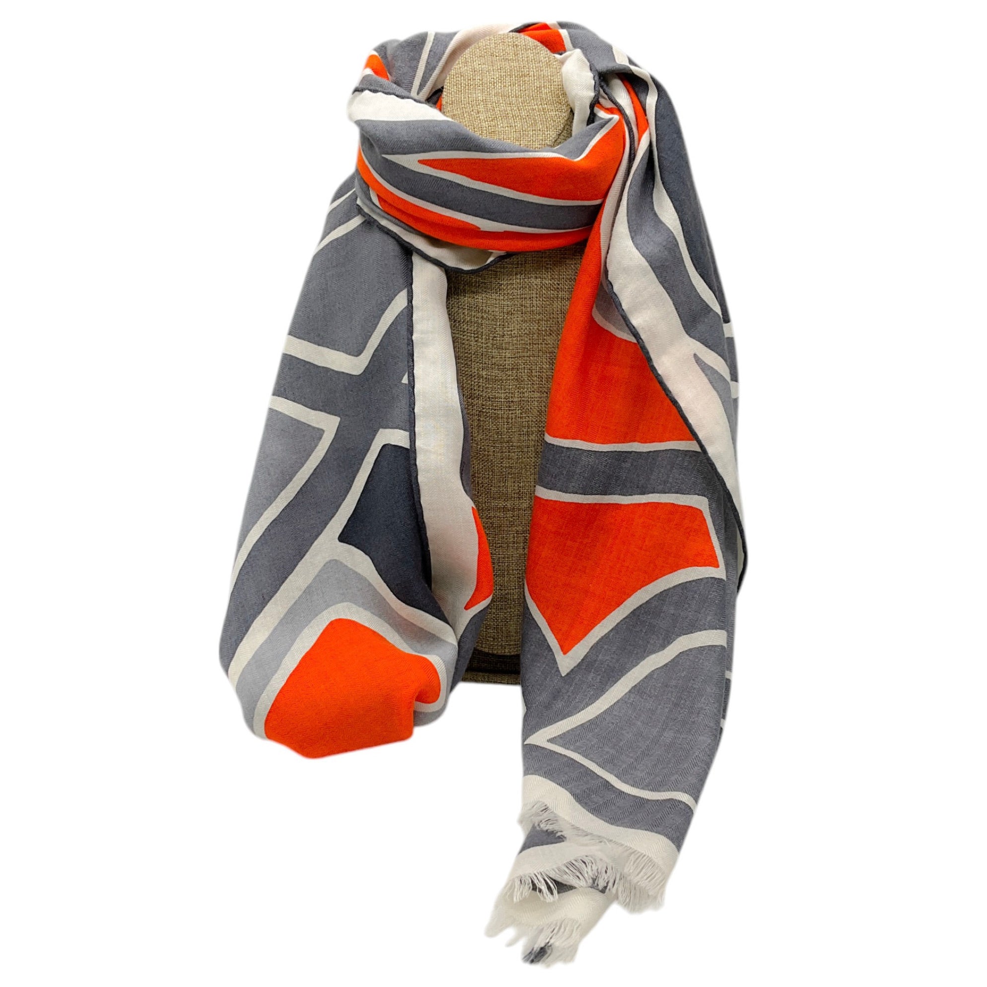 Hermes Orange / Grey Anamorphee Fringed Cashmere And Silk Rectangle Scarf