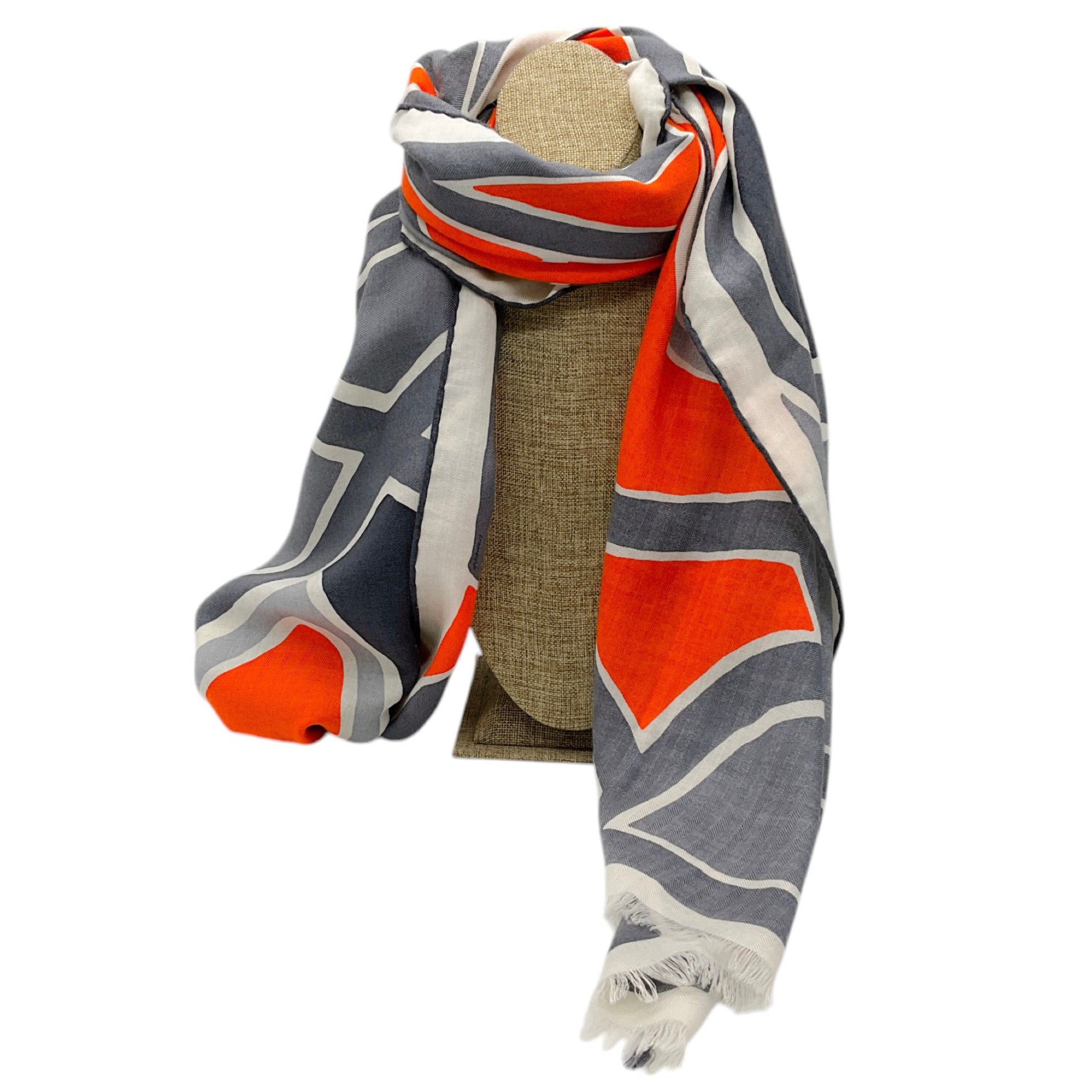 Hermes Orange / Grey Anamorphee Fringed Cashmere And Silk Rectangle Scarf