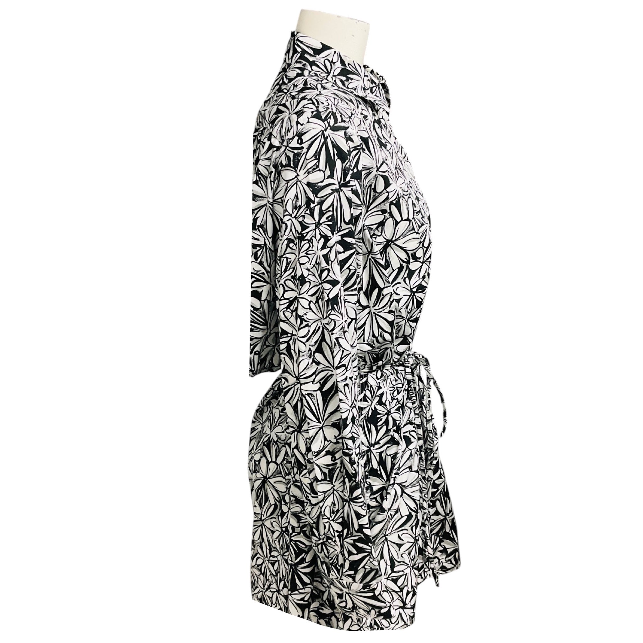 Rosetta Getty Black / White Graffiti Floral Print Cotton Poplin Cape Apron Shirt