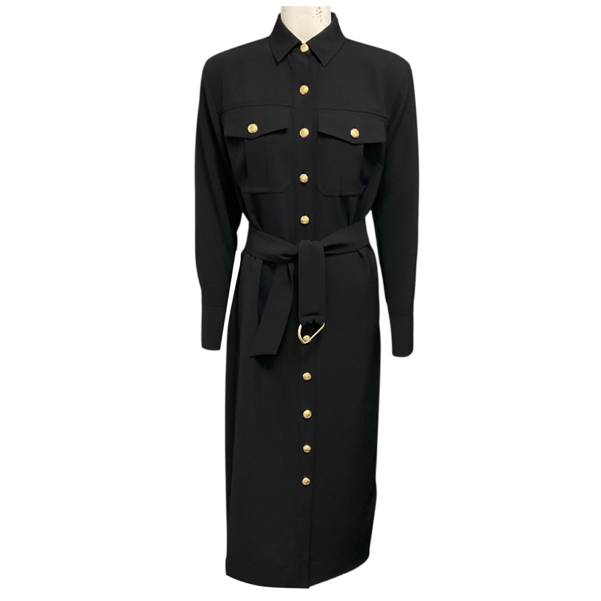 Veronica Beard Black Belted Jaden Shirtdress / Midi Dress with Gold Buttons