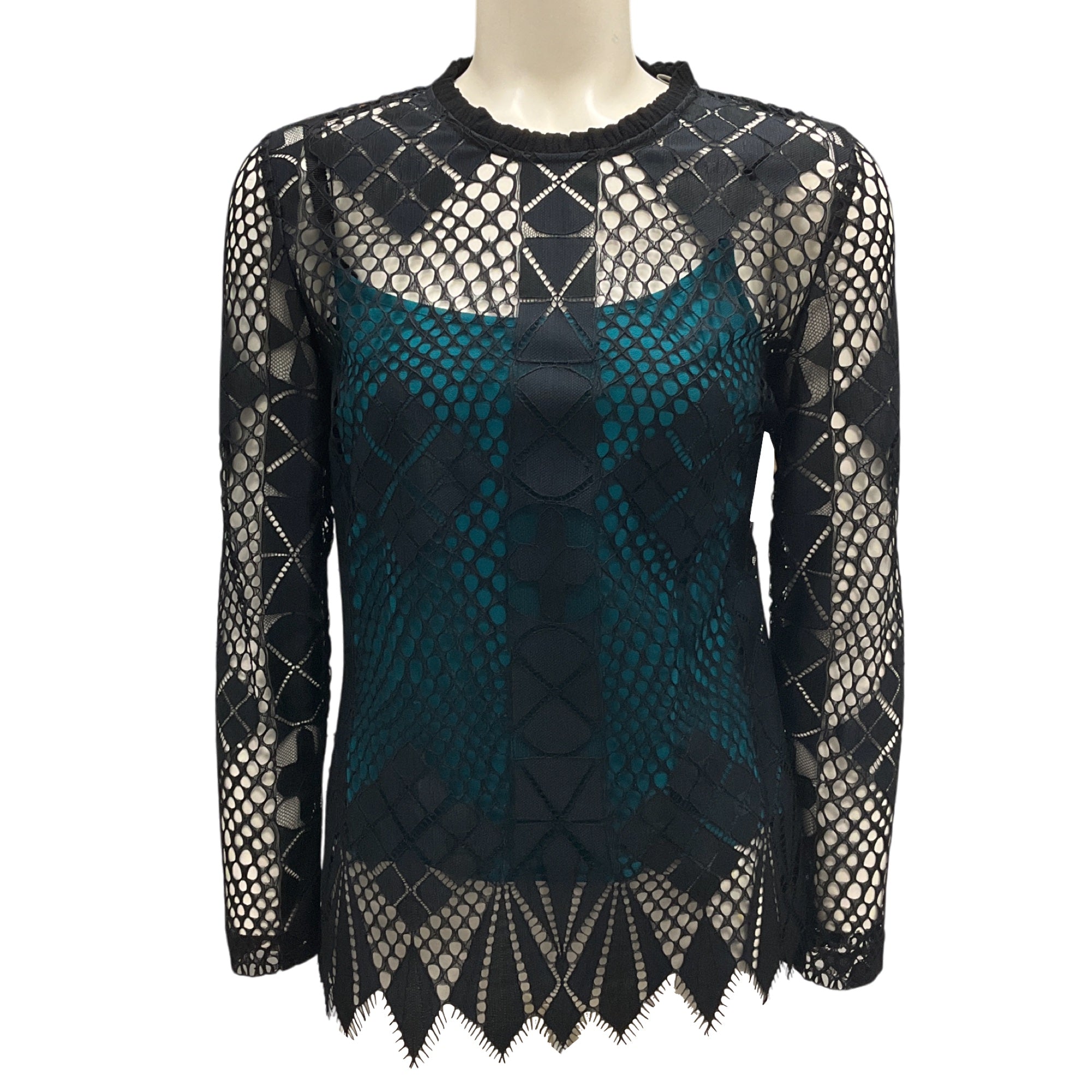 Sandro Black / Teal Long Sleeved Lace Blouse