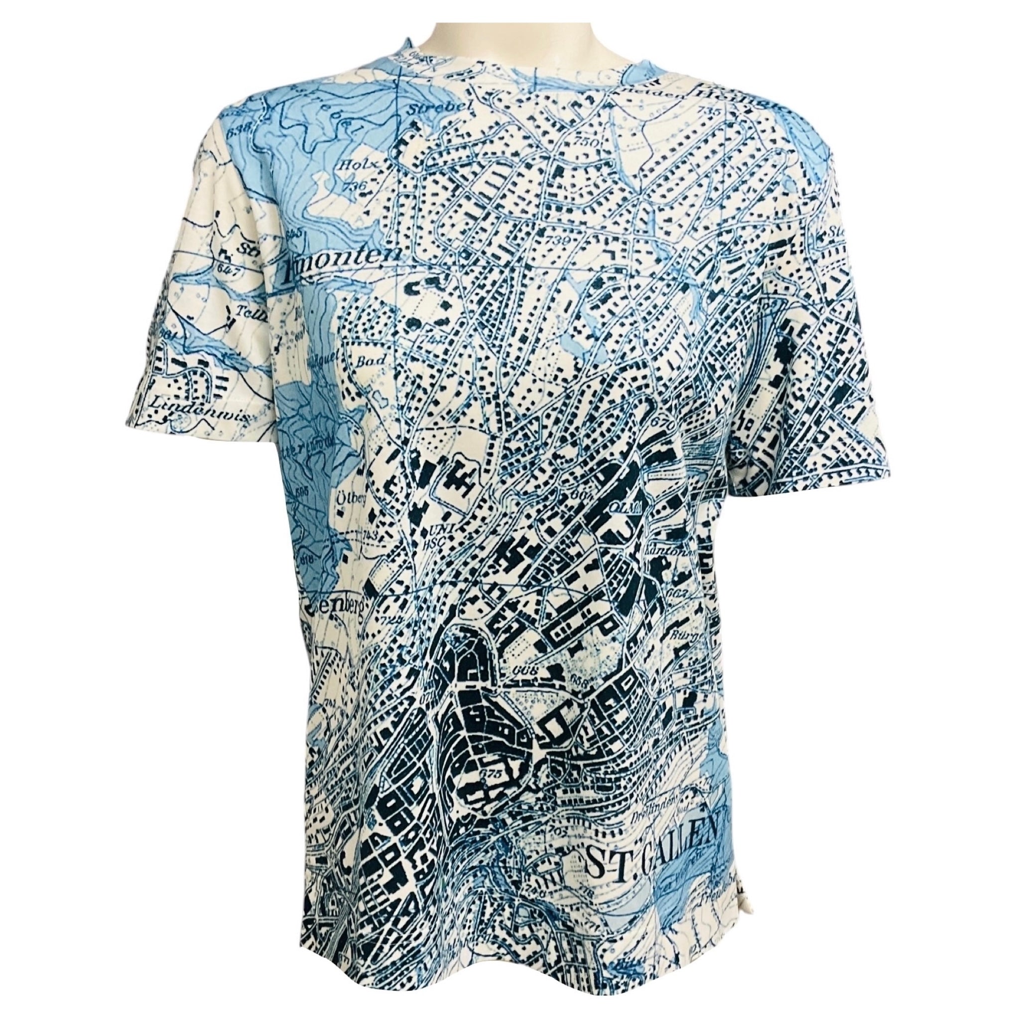 Akris Blue / White Map Print Short Sleeved Cotton Top