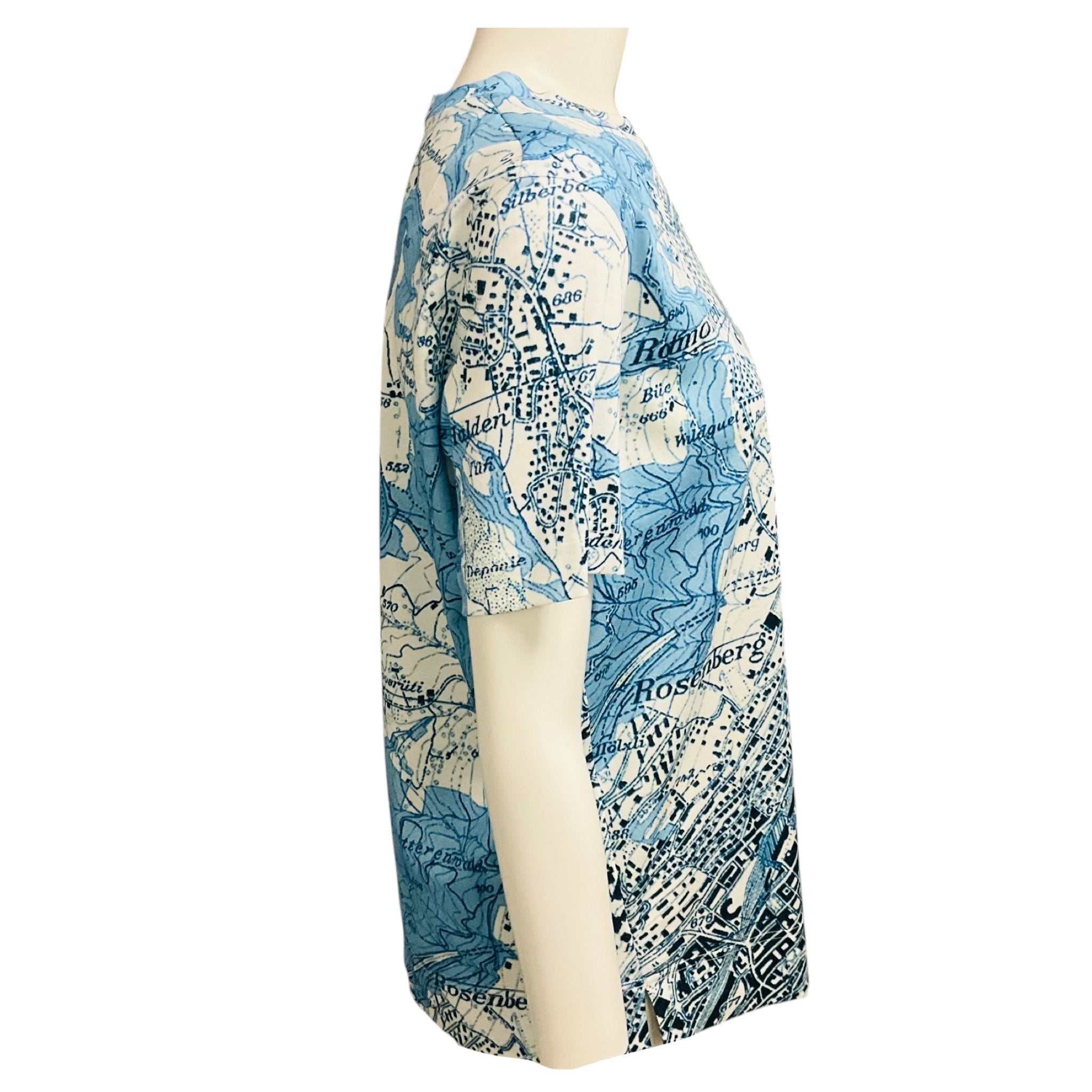 Akris Blue / White Map Print Short Sleeved Cotton Top