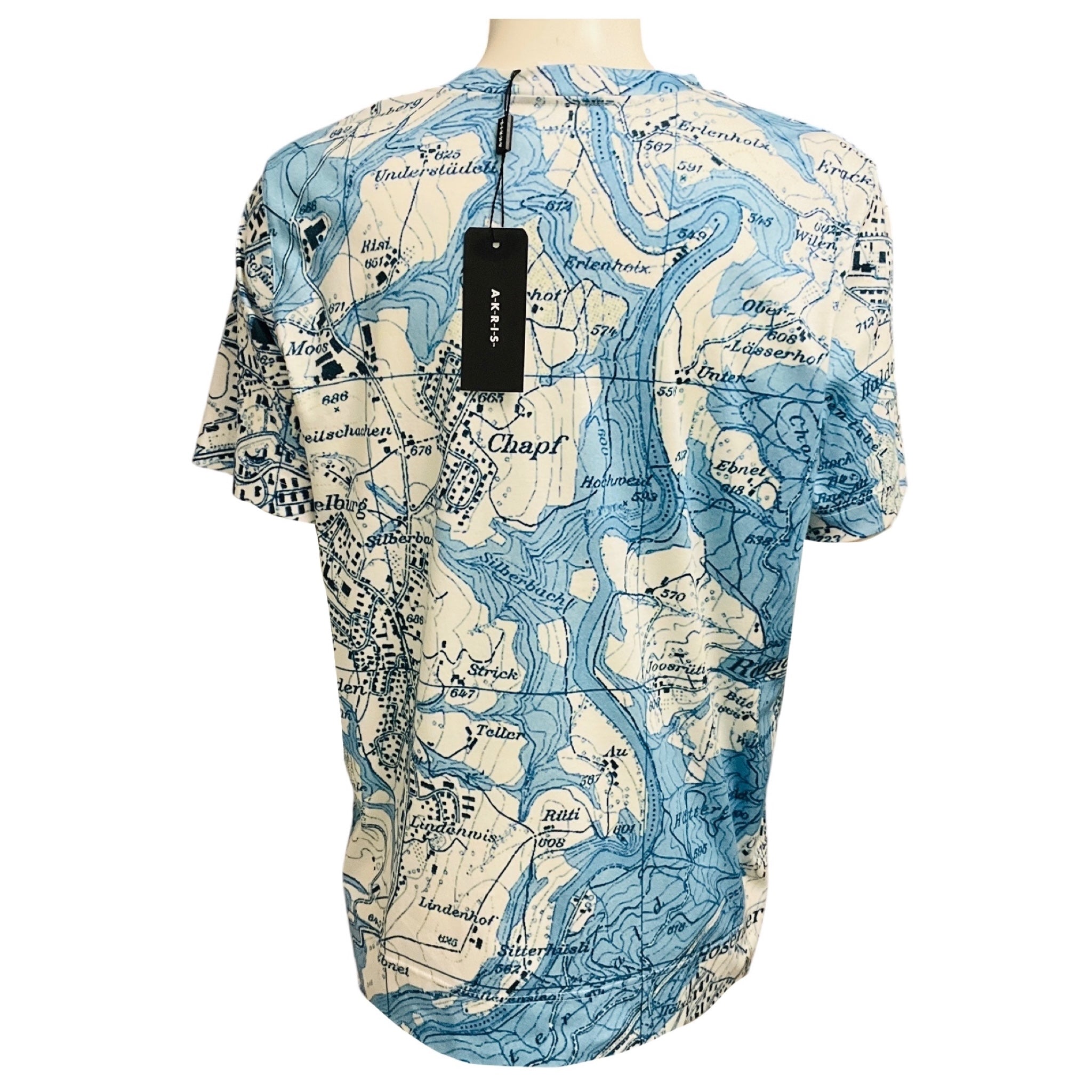 Akris Blue / White Map Print Short Sleeved Cotton Top