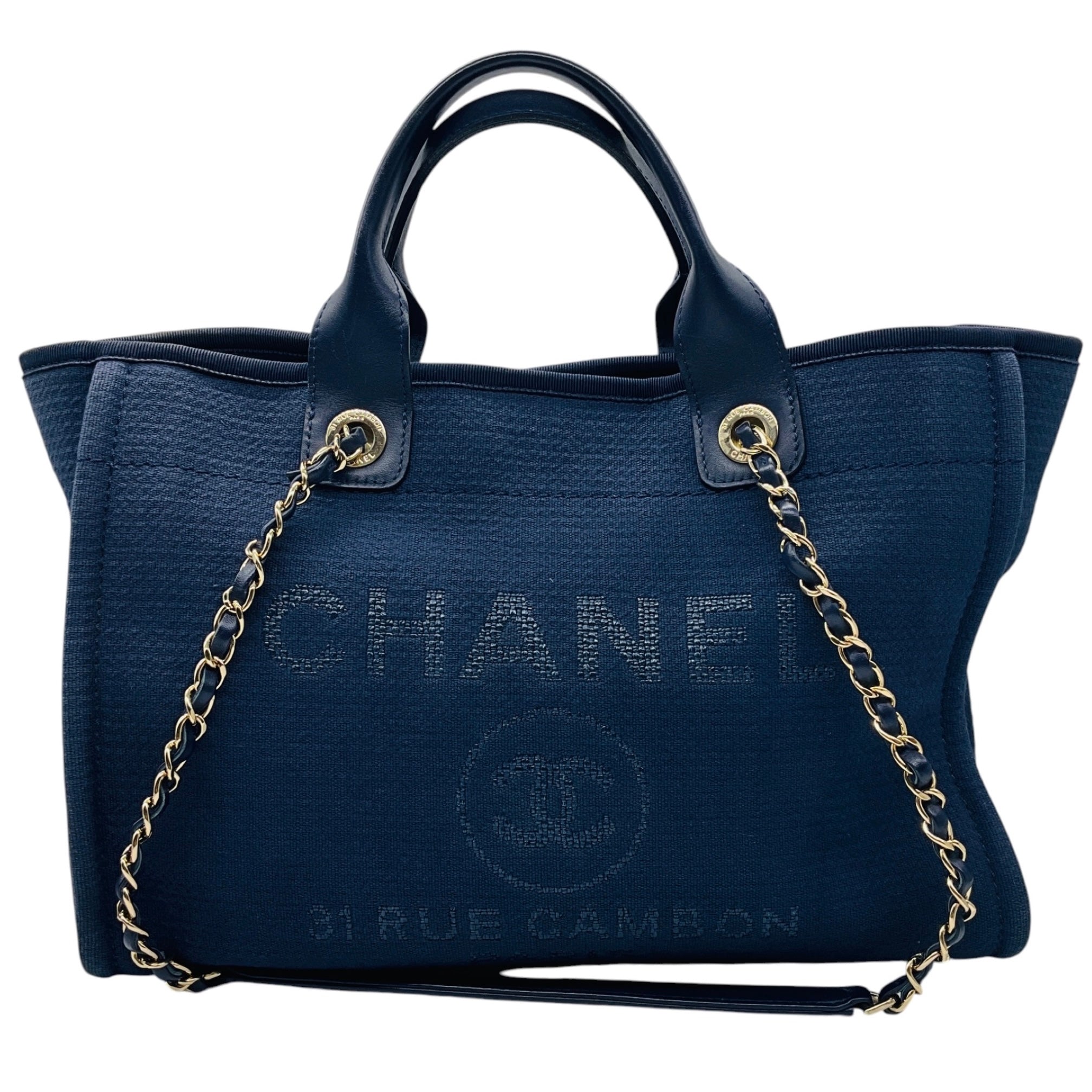 Chanel Navy Blue Canvas Medium Deauville Shopper Tote Handbag