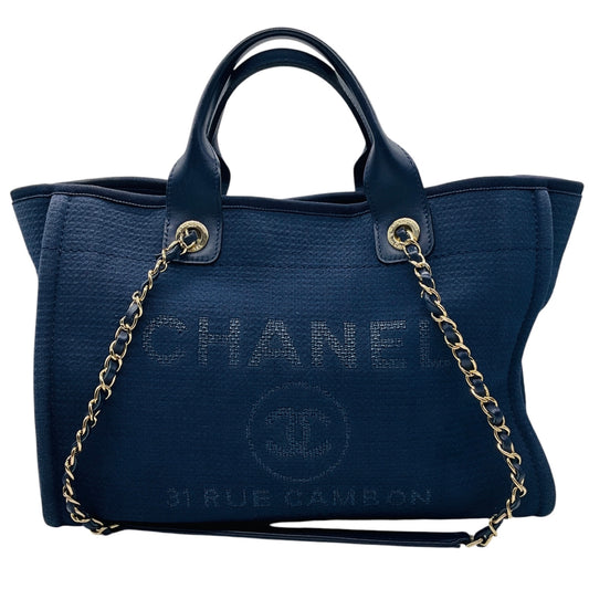 Chanel Navy Blue Canvas Medium Deauville Shopper Tote Handbag