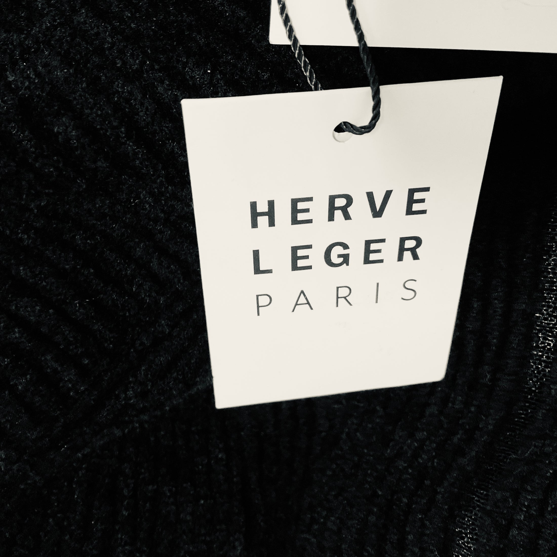 Herve Leger Black Ribbed Chenille Knit One Shoulder Maxi Dress with Fringed Hem