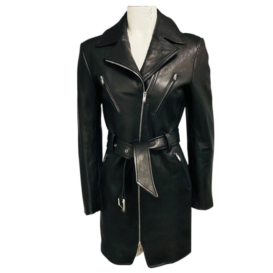 Khaite Black Lambskin Leather Long Moto Jacket with Belt