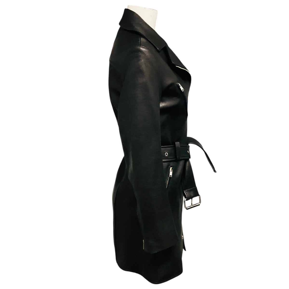 Khaite Black Lambskin Leather Long Moto Jacket with Belt
