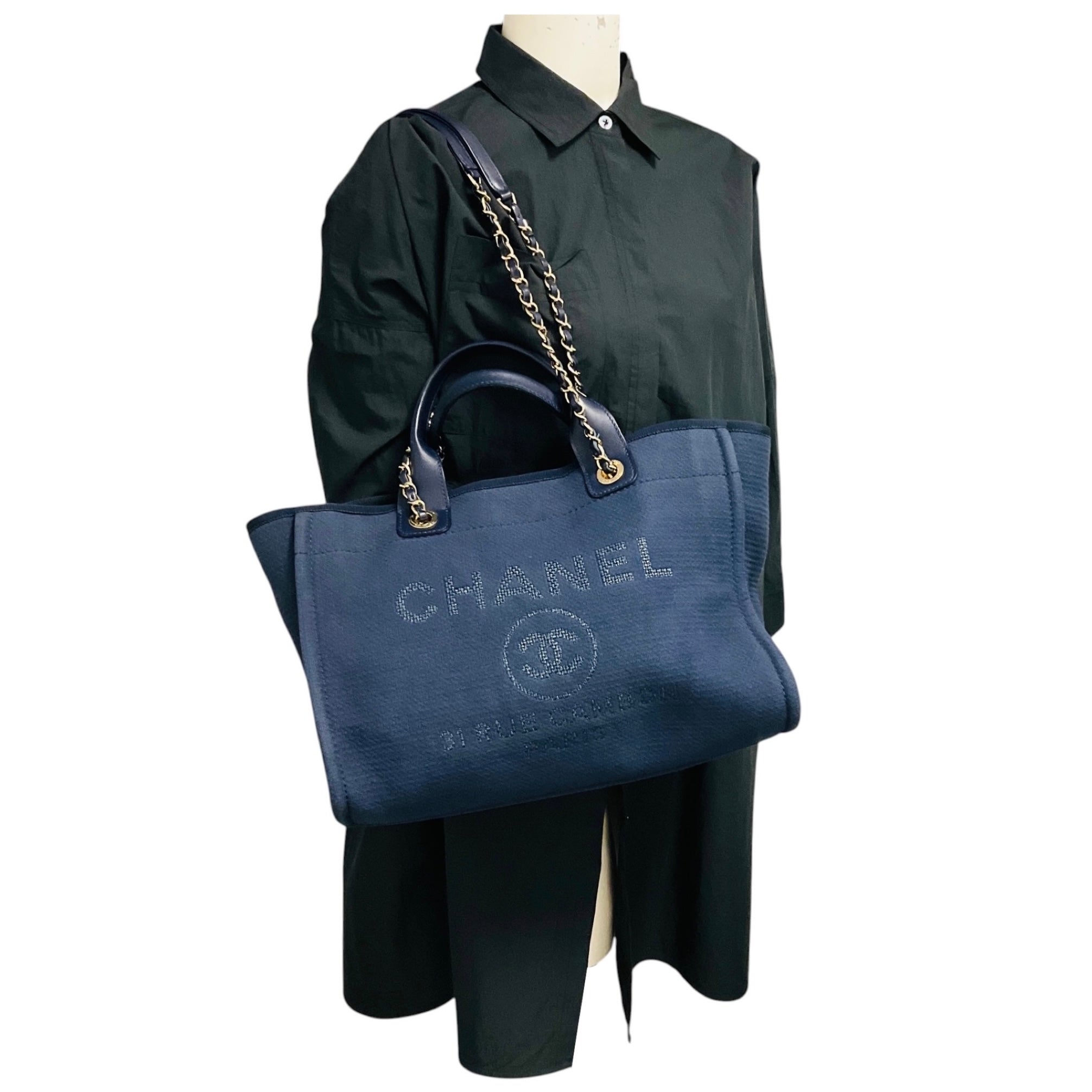 Chanel Navy Blue Canvas Medium Deauville Shopper Tote Handbag