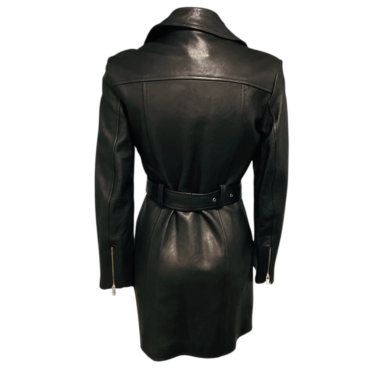 Khaite Black Lambskin Leather Long Moto Jacket with Belt
