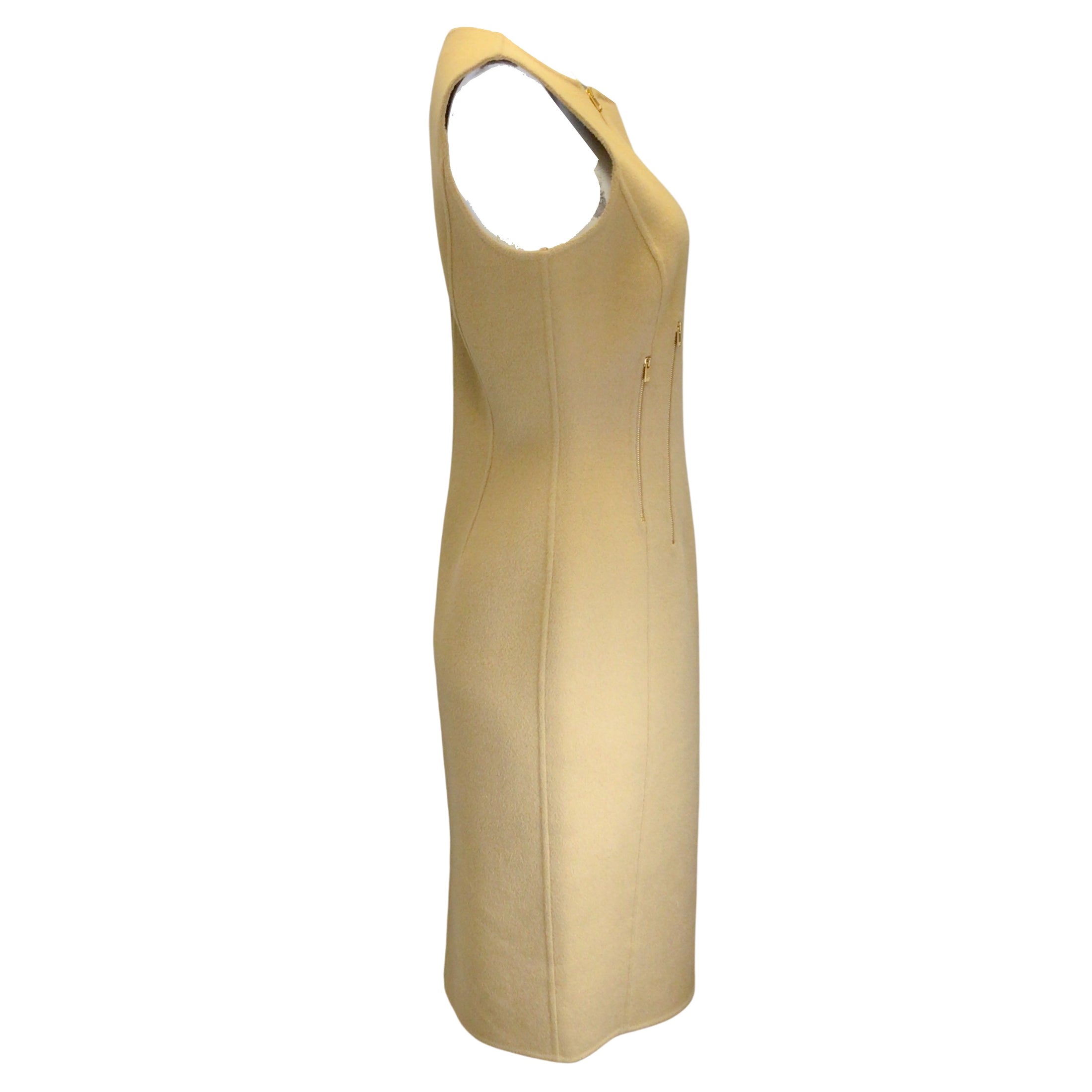 Michael Kors Collection Camel / Gold Zipper Detail Sleeveless Cashmere Midi Dress
