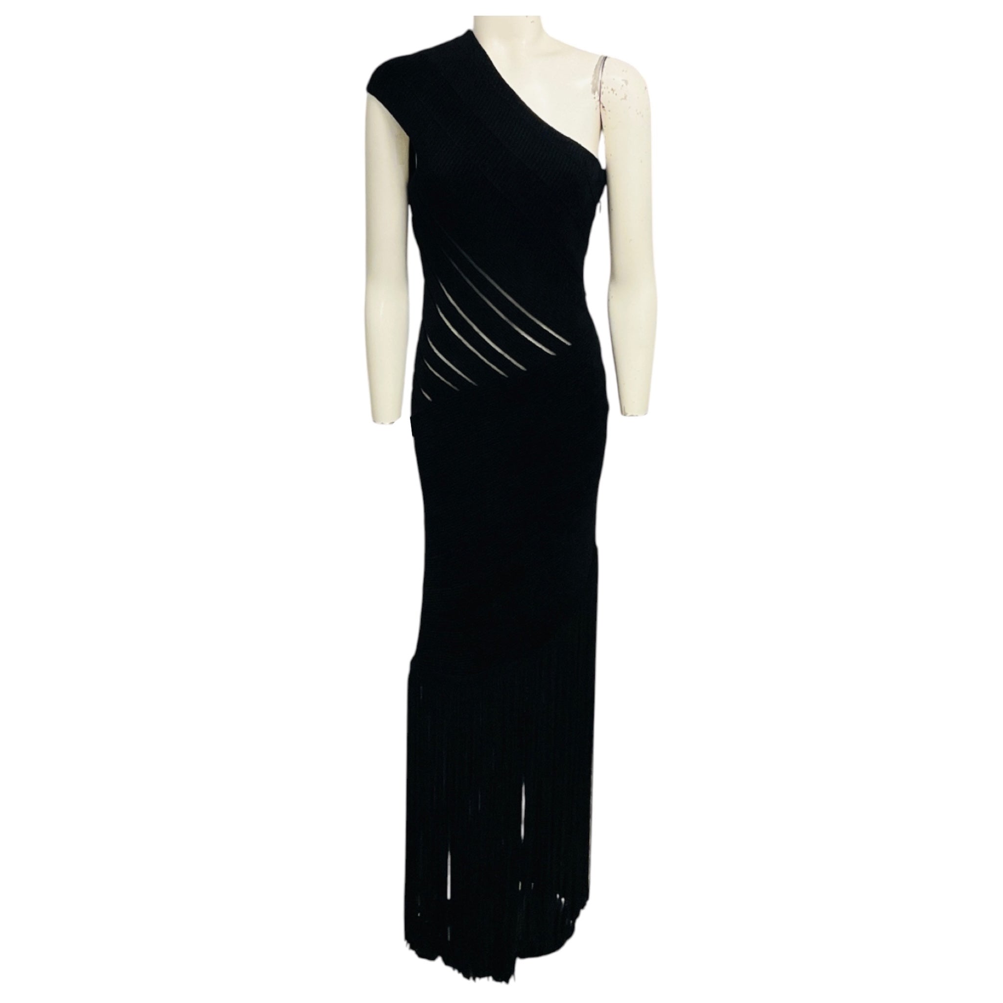 Herve Leger Black Ribbed Chenille Knit One Shoulder Maxi Dress with Fringed Hem