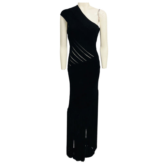 Herve Leger Black Ribbed Chenille Knit One Shoulder Maxi Dress with Fringed Hem