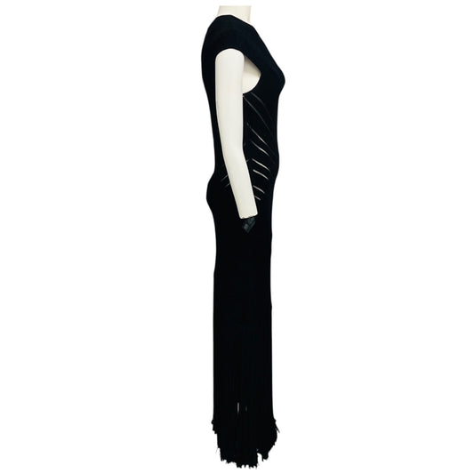 Herve Leger Black Ribbed Chenille Knit One Shoulder Maxi Dress with Fringed Hem