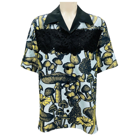 3.1 Phillip Lim Sky Blue Multi Ethereal Mushrooms Relaxed Camp Shirt with Lace