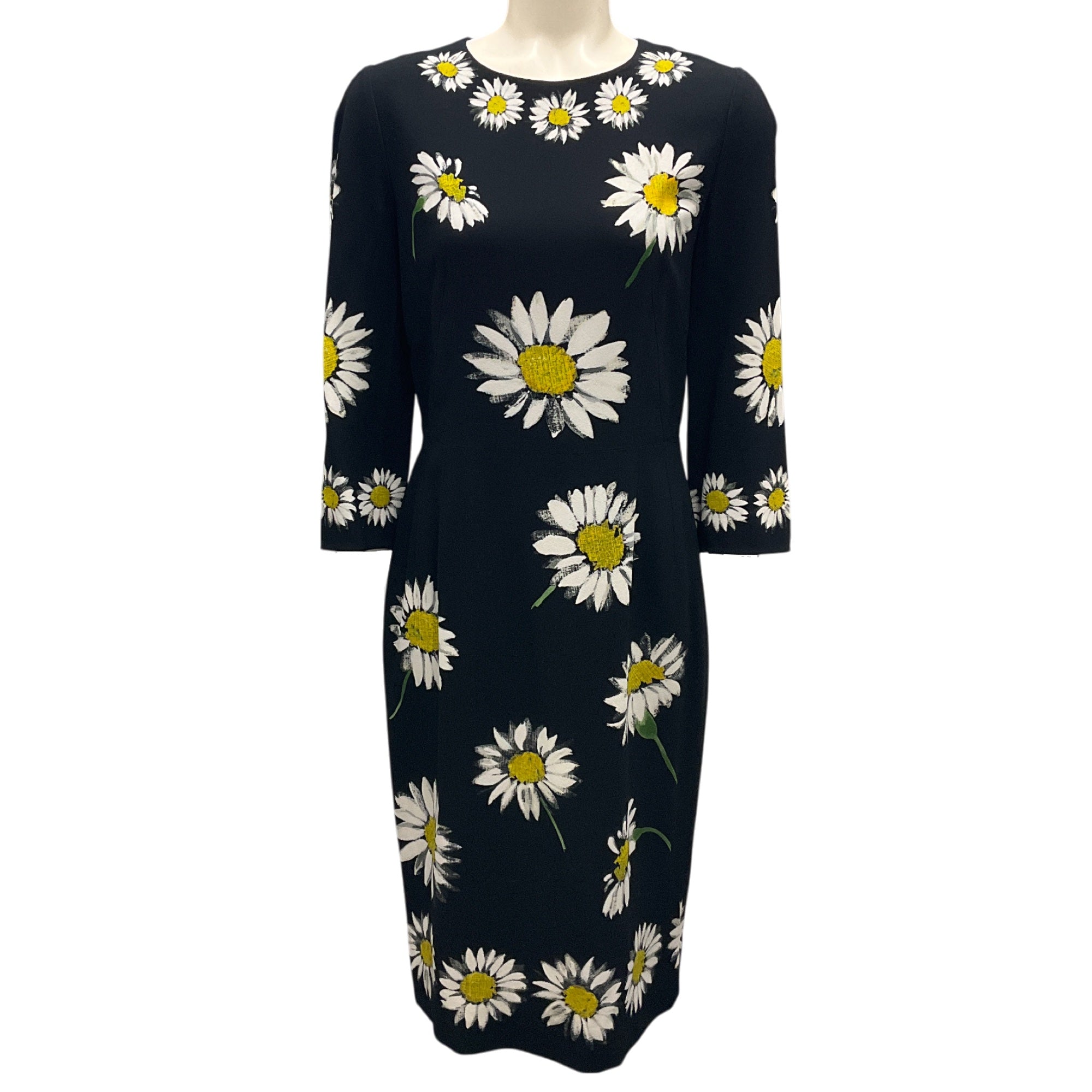 Dolce & Gabbana Black Multi Daisy Print Silk Crepe Occasion Dress