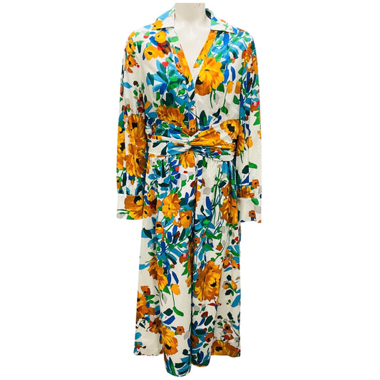 Lela Rose Ivory Multi Floral Printed Ruched Cotton Shirt Dress
