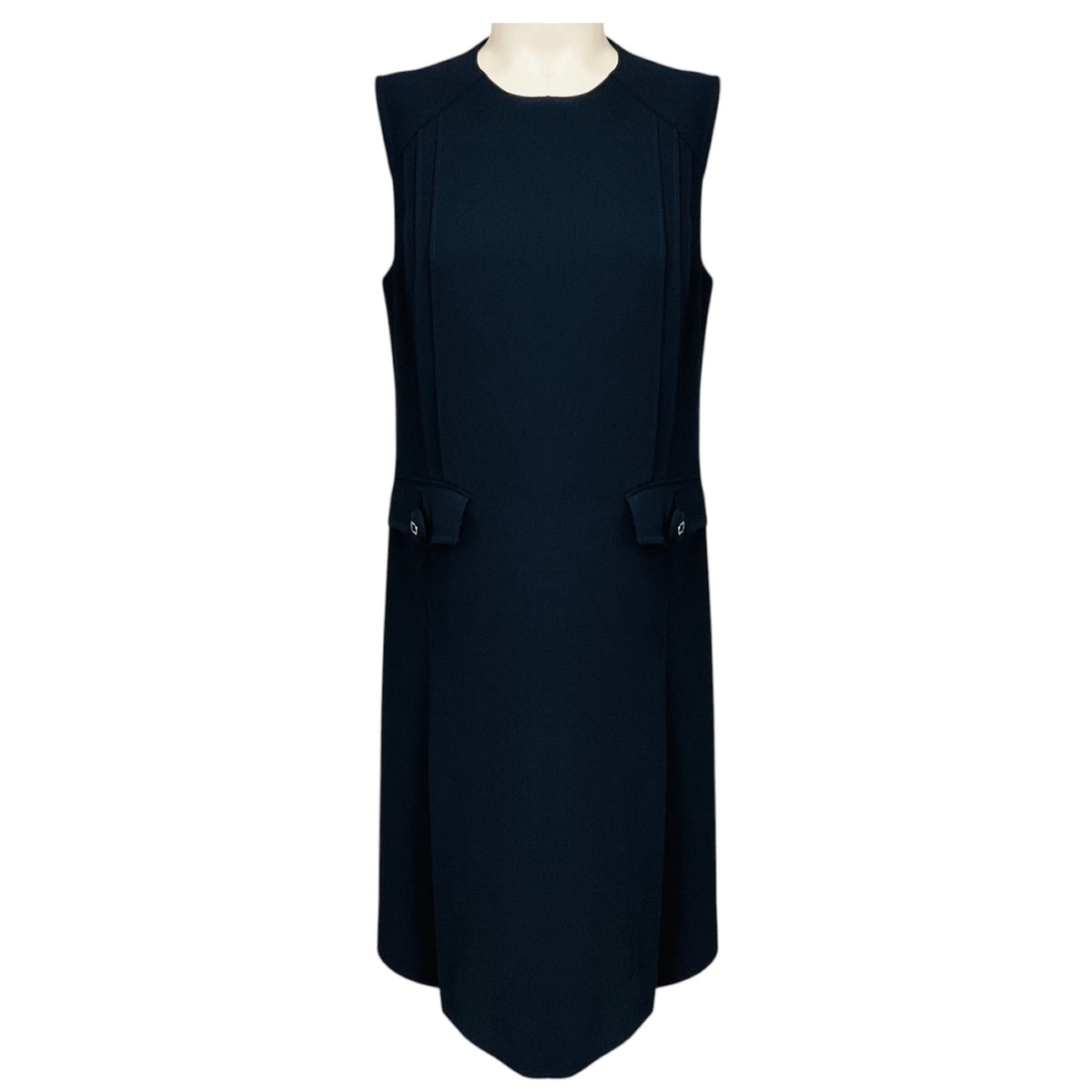 Prada Navy Blue Sleeveless Wool Midi Dress with Pockets and Pleated Detail