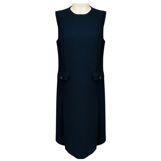 Prada Navy Blue Sleeveless Wool Midi Dress with Pockets and Pleated Detail