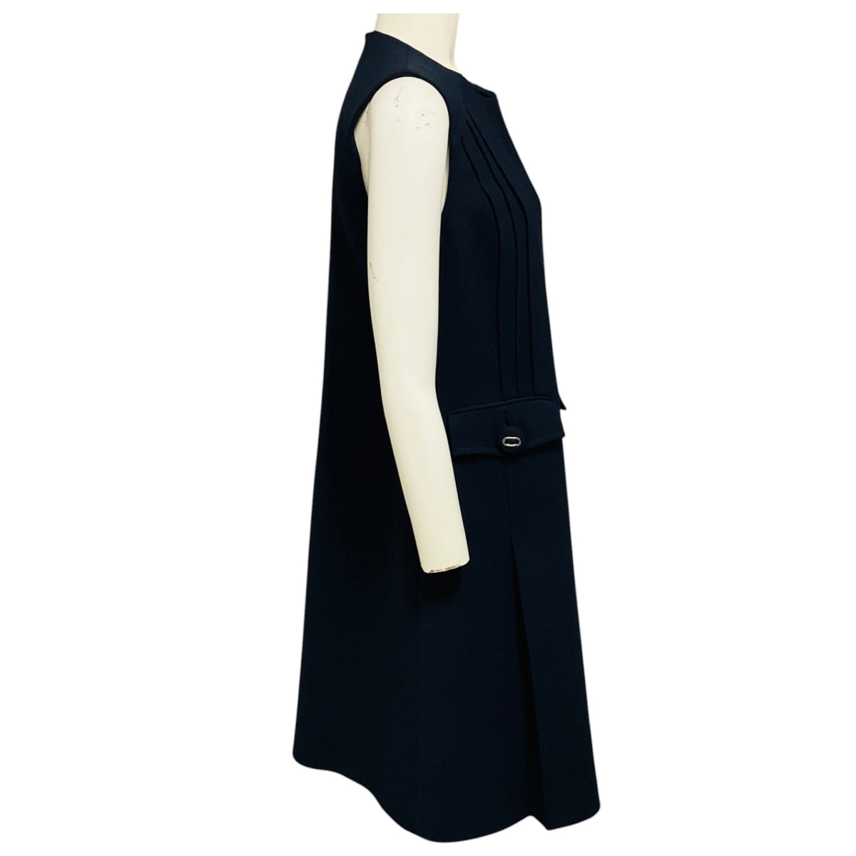 Prada Navy Blue Sleeveless Wool Midi Dress with Pockets and Pleated Detail