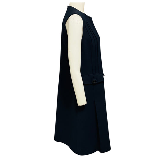 Prada Navy Blue Sleeveless Wool Midi Dress with Pockets and Pleated Detail