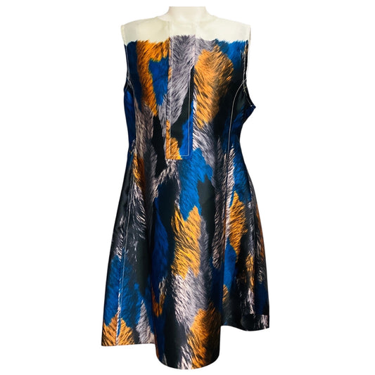 Marni Orange / Blue / Black Multi Sleeveless Feather Print Dress
