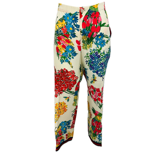 Gucci Ivory Multi Floral Silk Pants with Web Stripe