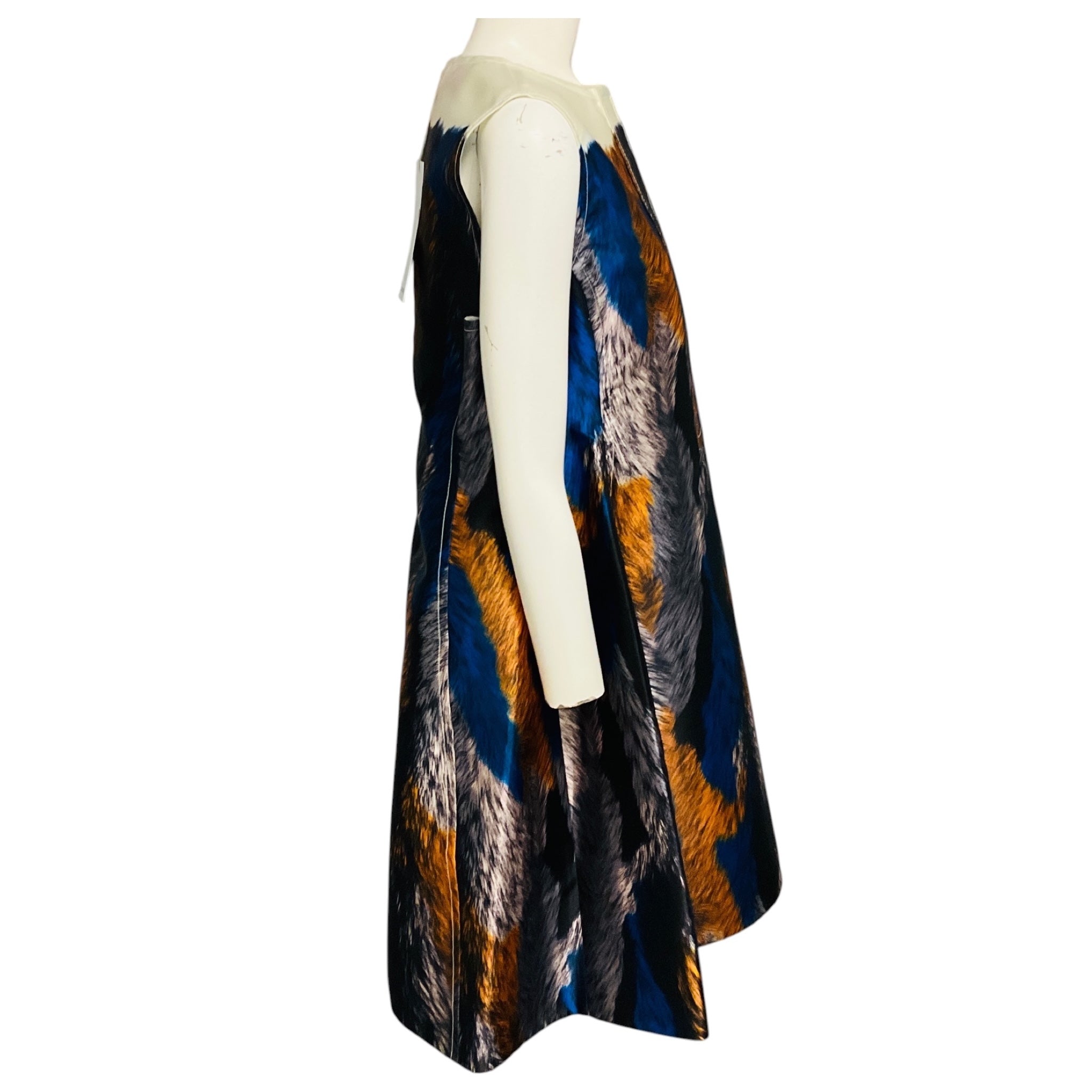 Marni Orange / Blue / Black Multi Sleeveless Feather Print Dress