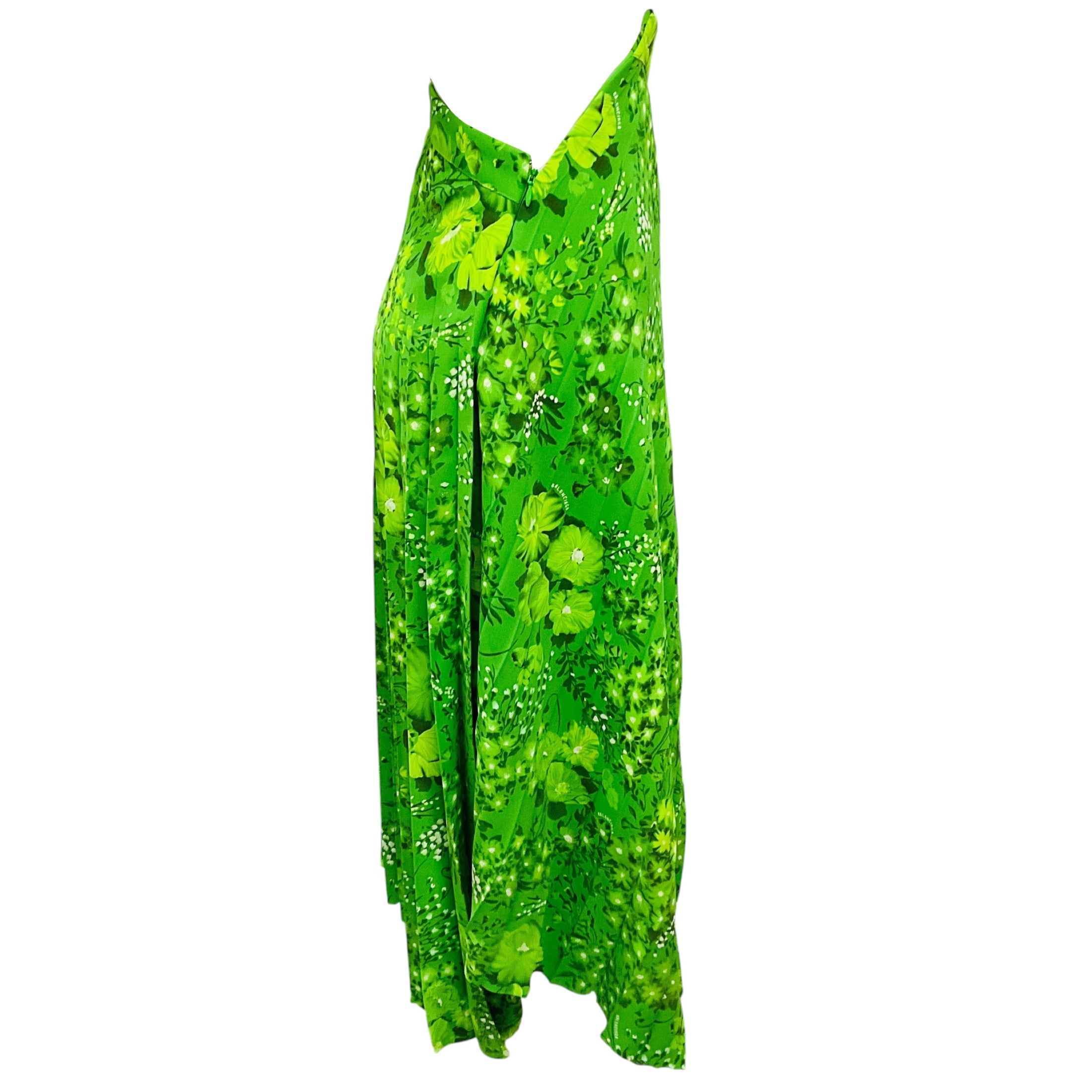 Balenciaga Green Floral Printed Pleated Asymmetric Midi Skirt