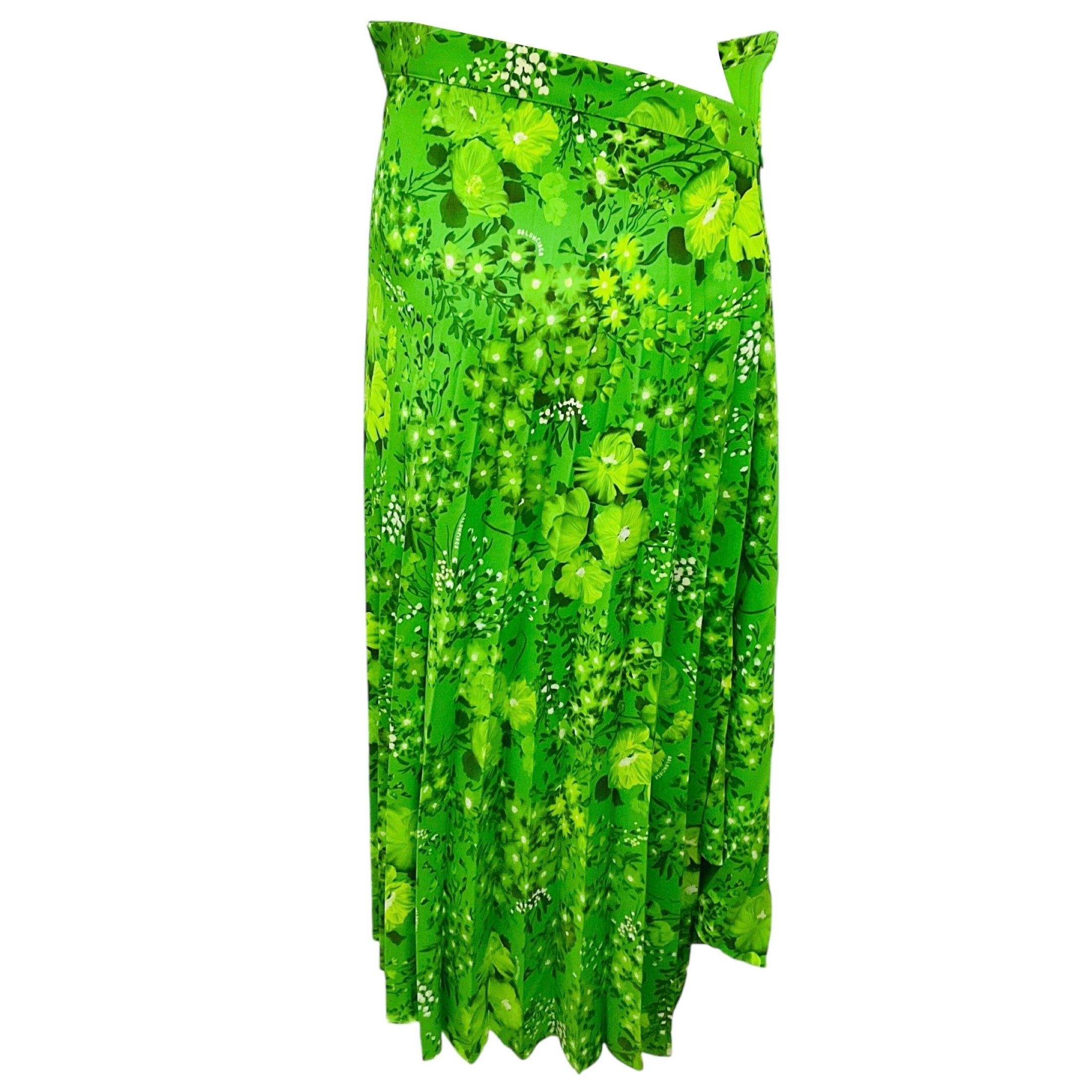 Balenciaga Green Floral Printed Pleated Asymmetric Midi Skirt