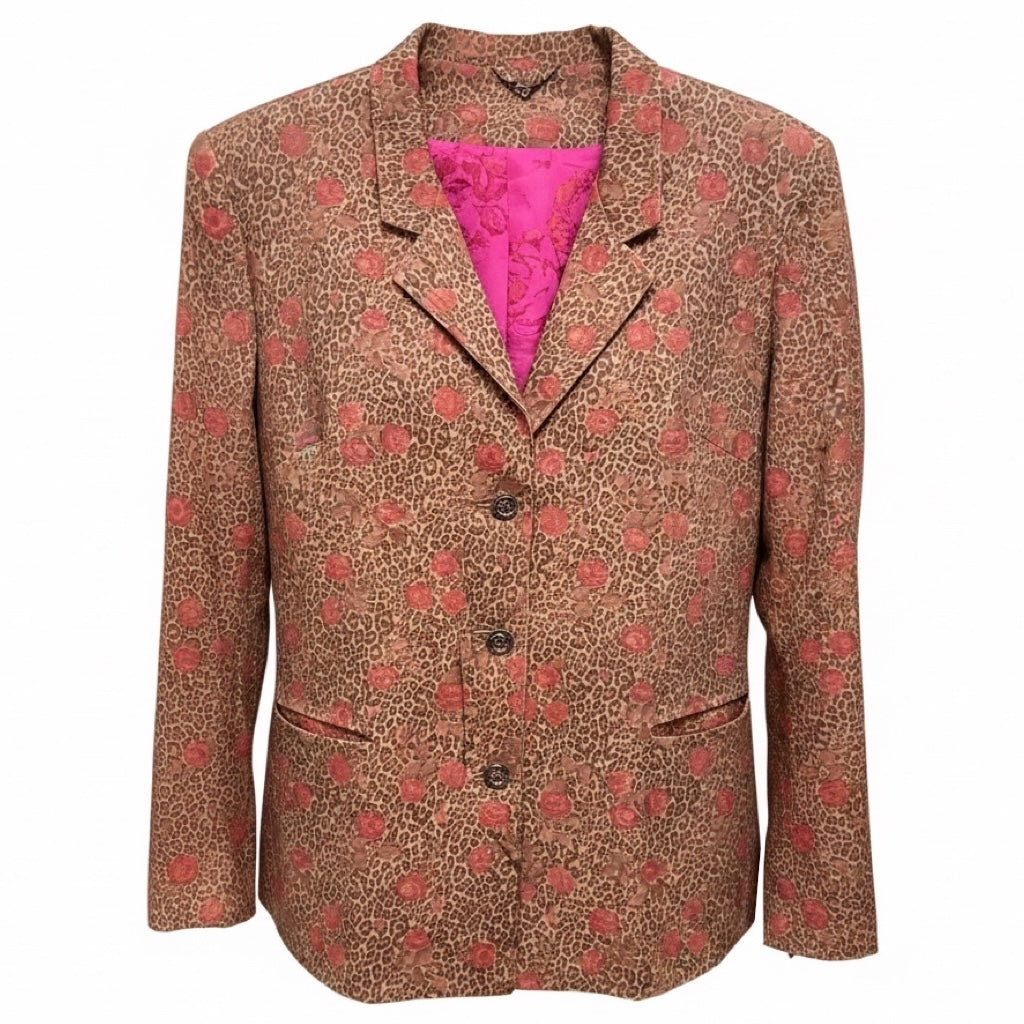Imp of the Roses Light Brown / Pink Pandora Rose Print Genuine Nappa Leo Leather Jacket with Silk Lining