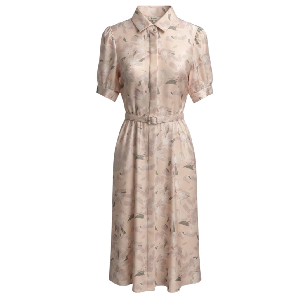 Lilysilk Light Pink Floral Printed Short Sleeved Silk Midi Shirtdress with Belt