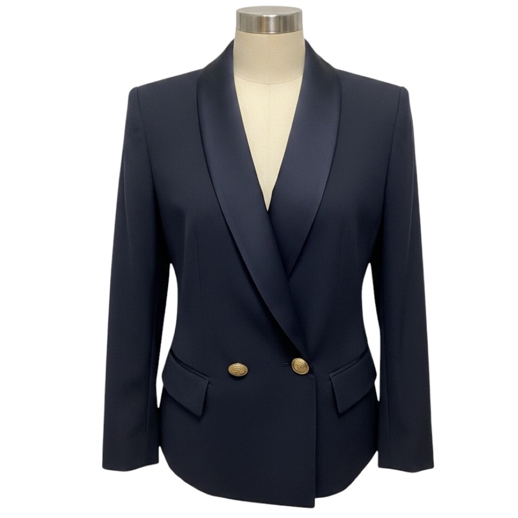 L'Agence Navy Blue Blazer with Gold Buttons and Satin Lapel