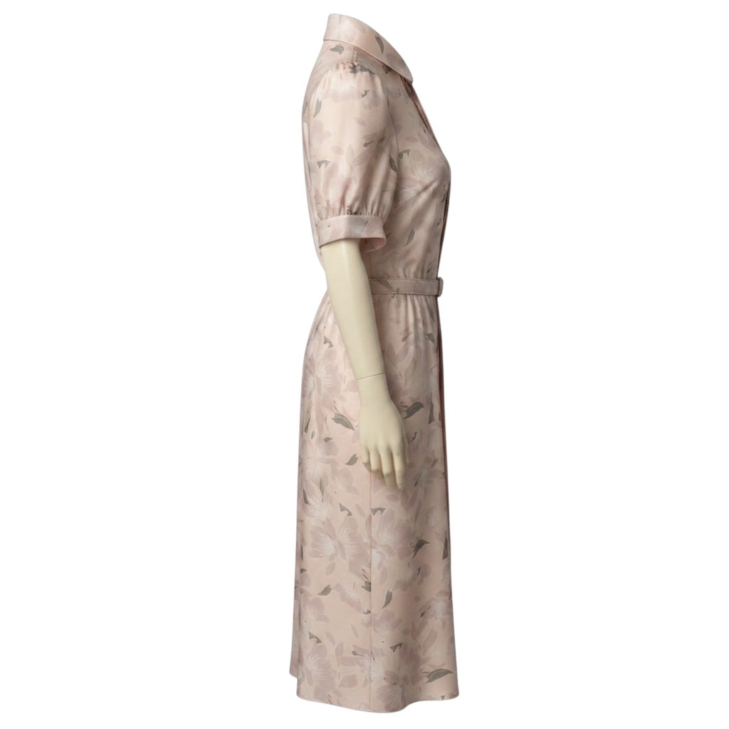 Lilysilk Light Pink Floral Printed Short Sleeved Silk Midi Shirtdress with Belt