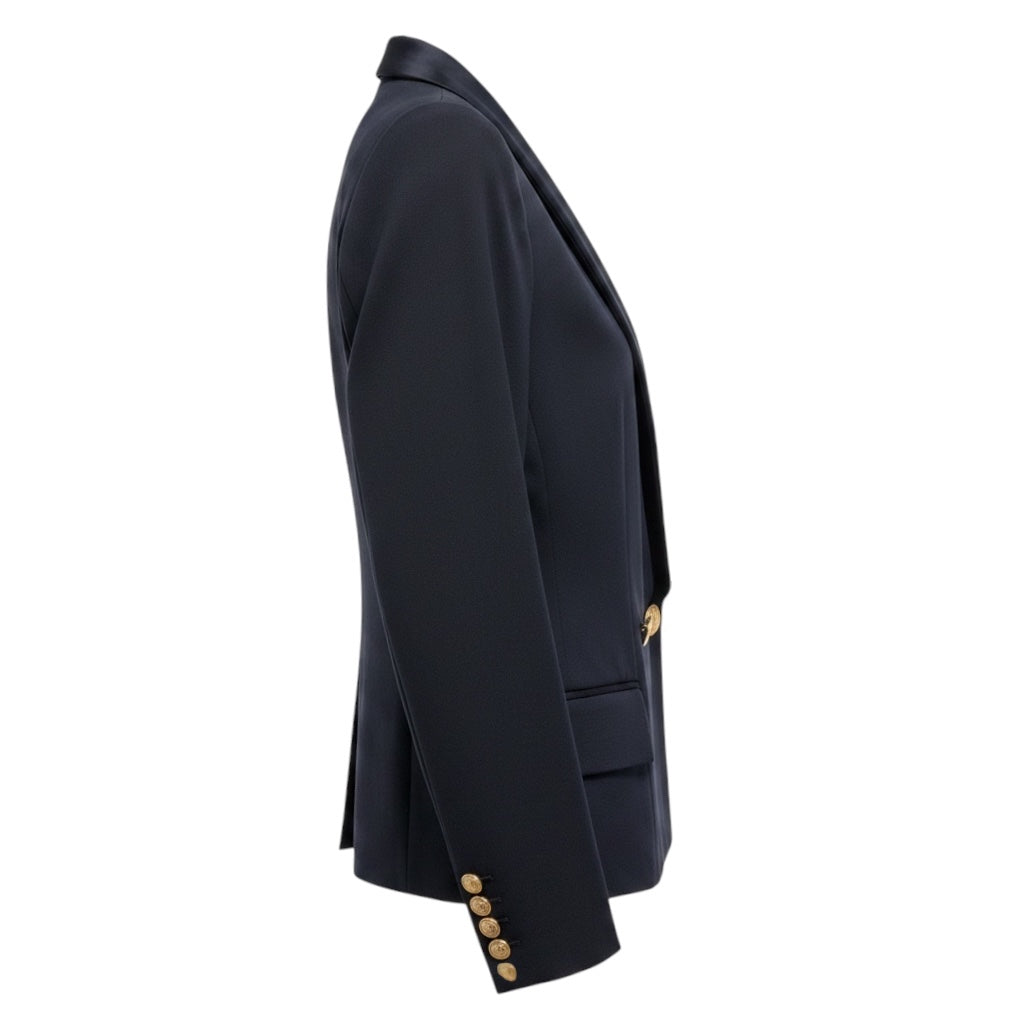 L'Agence Navy Blue Blazer with Gold Buttons and Satin Lapel
