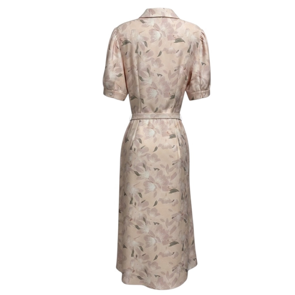 Lilysilk Light Pink Floral Printed Short Sleeved Silk Midi Shirtdress with Belt