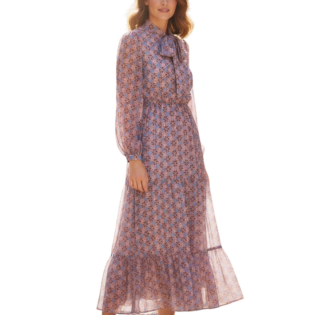 Marie Oliver Pink / Blue Printed Tie Neck Long Sleeved Silk Maxi Dress