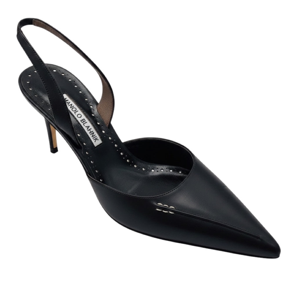 Manolo Blahnik Dark Brown Homerasli Pointed Toe Calf Leather Slingback Pumps with Contrast White Stitching
