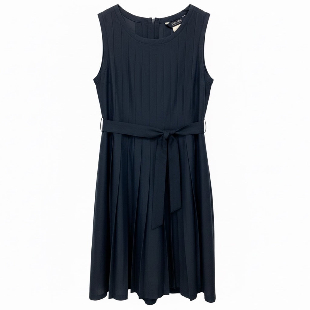 Max Mara S Collection Navy Blue Pleated Sleeveless Ramie and Cotton Dress with Belt