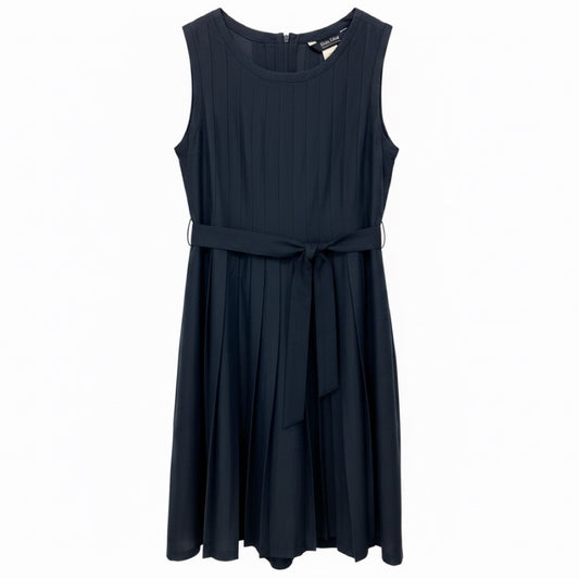 Max Mara S Collection Navy Blue Pleated Sleeveless Ramie and Cotton Dress with Belt