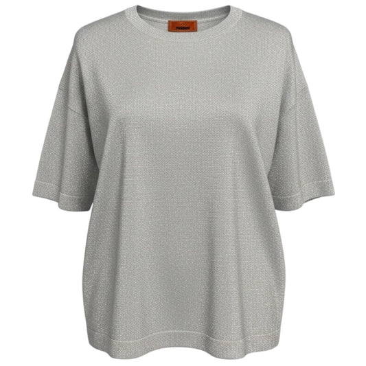 Missoni Silver Metallic Short Sleeved Knit Crewneck Pullover Sweater