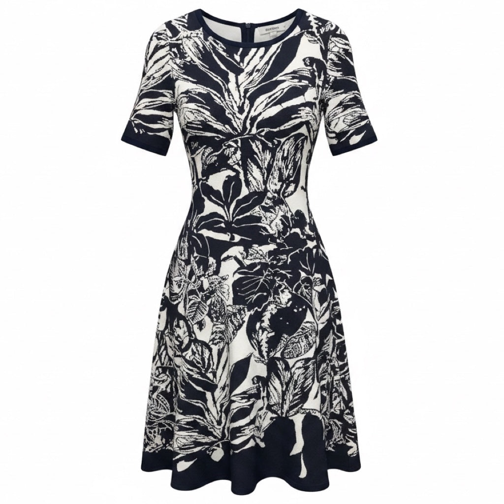 Oscar de la Renta Navy Blue / White Flared Stretch Knit Dress