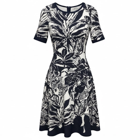Oscar de la Renta Navy Blue / White Flared Stretch Knit Dress