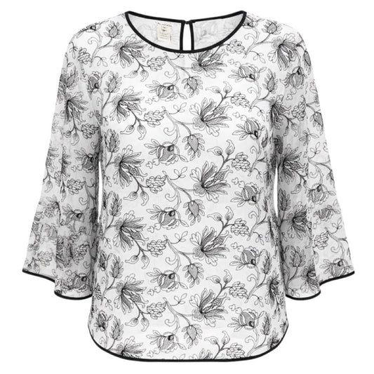 Oscar de la Renta White / Black Floral Embroidered Sheer Blouse