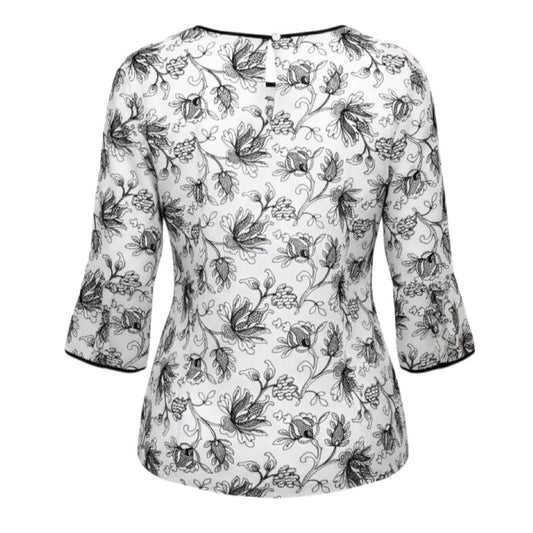 Oscar de la Renta White / Black Floral Embroidered Sheer Blouse